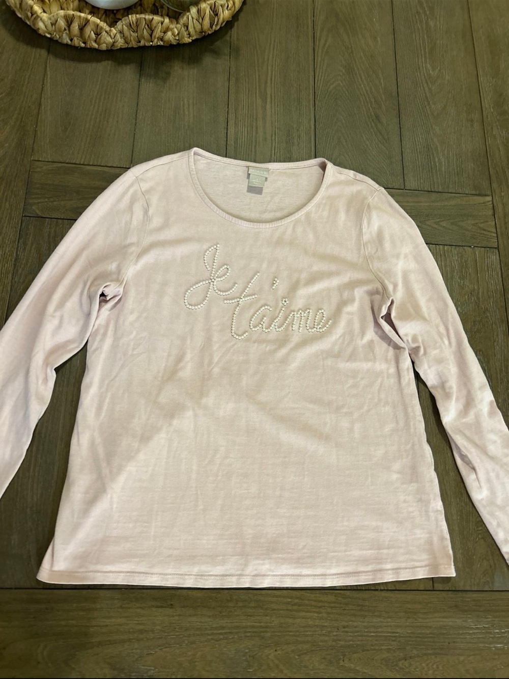 Chico's Light Pink Long Sleeve 'Je t'aime' Pearl Accent Tee